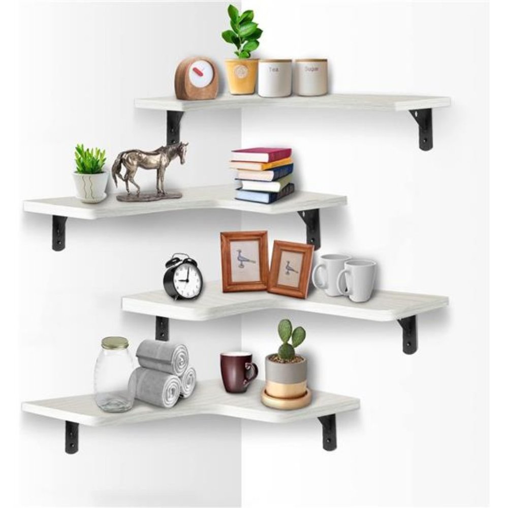 Corner Floating Shelves Wall Set of 4, Natural Mounted Rustic Wood Shelves